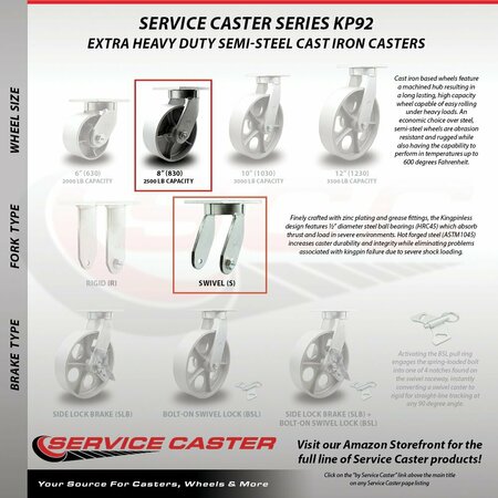 Service Caster 8'' Heavy Duty Semi Steel Cast Iron Wheel Swivel Caster Set with 2 Brakes, 4PK CRAN-SCC-KP92S830-SSR-2-SLB-2